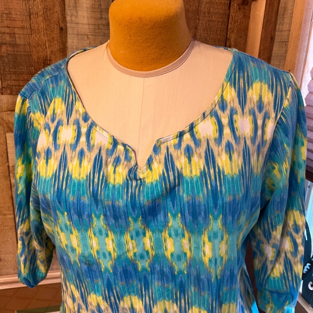 LADIES WOMENS TOP BLOUSE SHIRT SIZE XL RUBY RD FAVORITES BLUE YELLOW - Picture 2 of 7